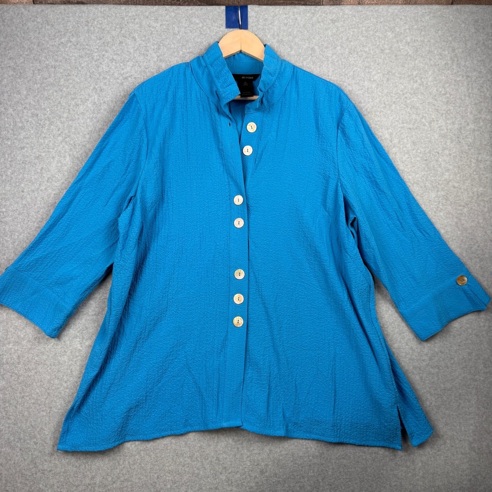 Ali Miles Top Womens XL Blue Crinkle Textured Button Up Artsy Lagenlook Tunic